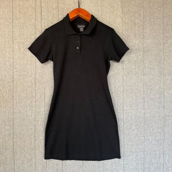 90s Vintage Limited Black 100% Cotton Short Cap Sleeve Polo Collar Mini Dress - Picture 1 of 11